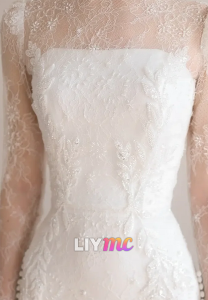 High Neck Lace Mermaid Wedding Dress with Long Sleeves