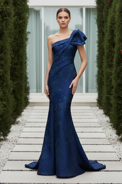 One-Shoulder Floral Jacquard Evening Gown