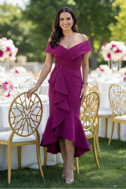 Off-the-Shoulder High-Low Midi Dress with Side Ruffle