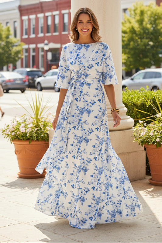 Floral Satin Mock Wrap Maxi Dress