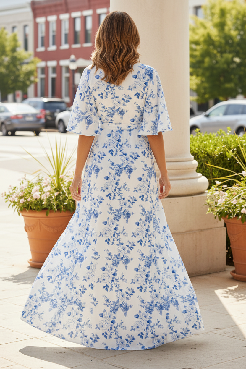 Floral Satin Mock Wrap Maxi Dress