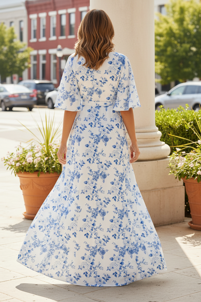 Floral Satin Mock Wrap Maxi Dress