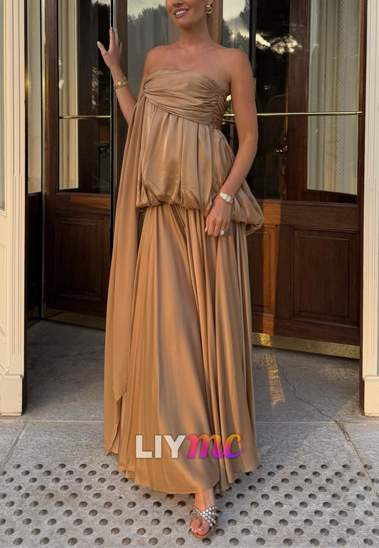 Strapless Ruched Satin Maxi Dress with Bubble Waist