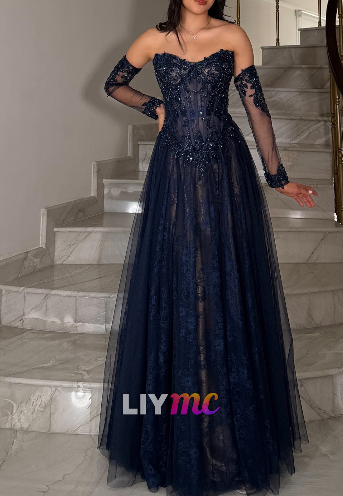 Corset Evening Gown with Sheer Sleeves