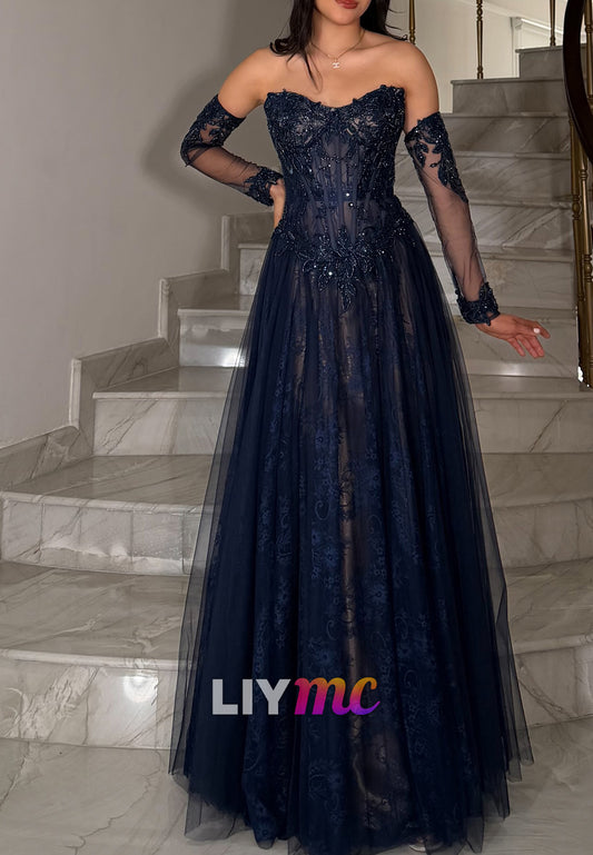 Corset Evening Gown with Sheer Sleeves