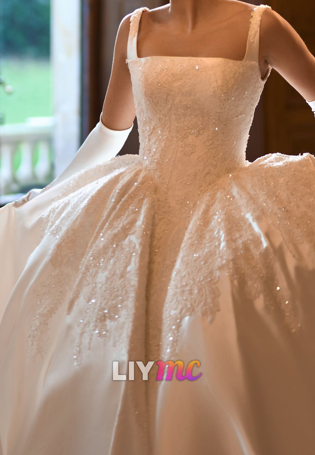 Square Neck Lace Applique Satin Ball Gown Wedding Dress