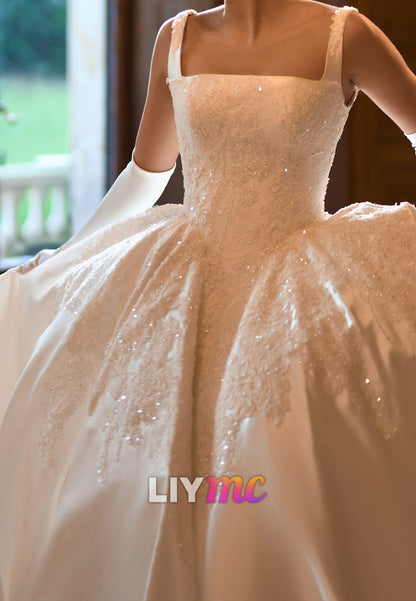 Square Neck Lace Applique Satin Ball Gown Wedding Dress