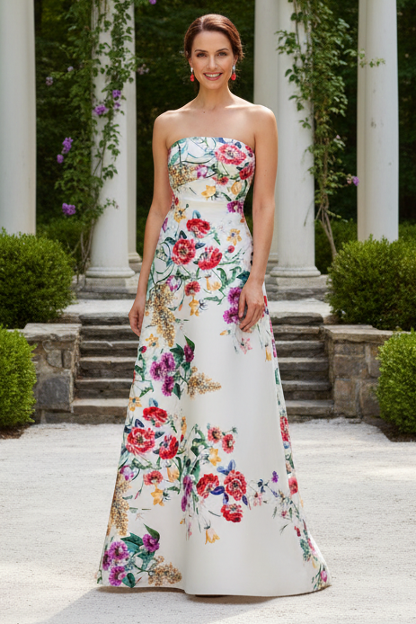 Strapless Floral Print Satin A-Line Evening Gown