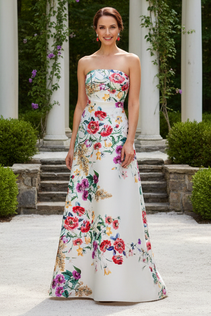 Strapless Floral Print Satin A-Line Evening Gown