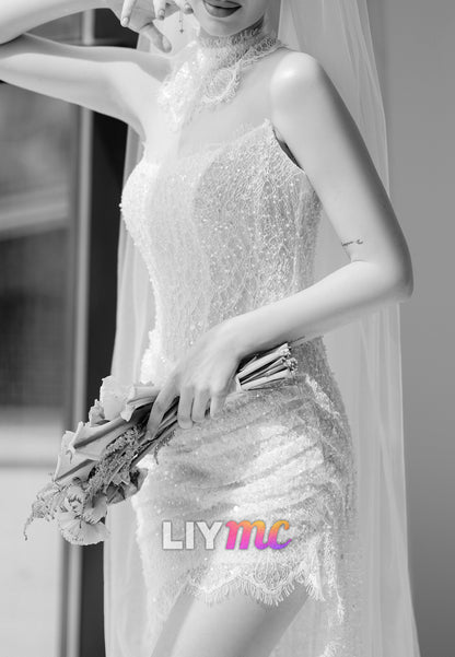 Strapless Ruched Lace Corset Mini Wedding Dress