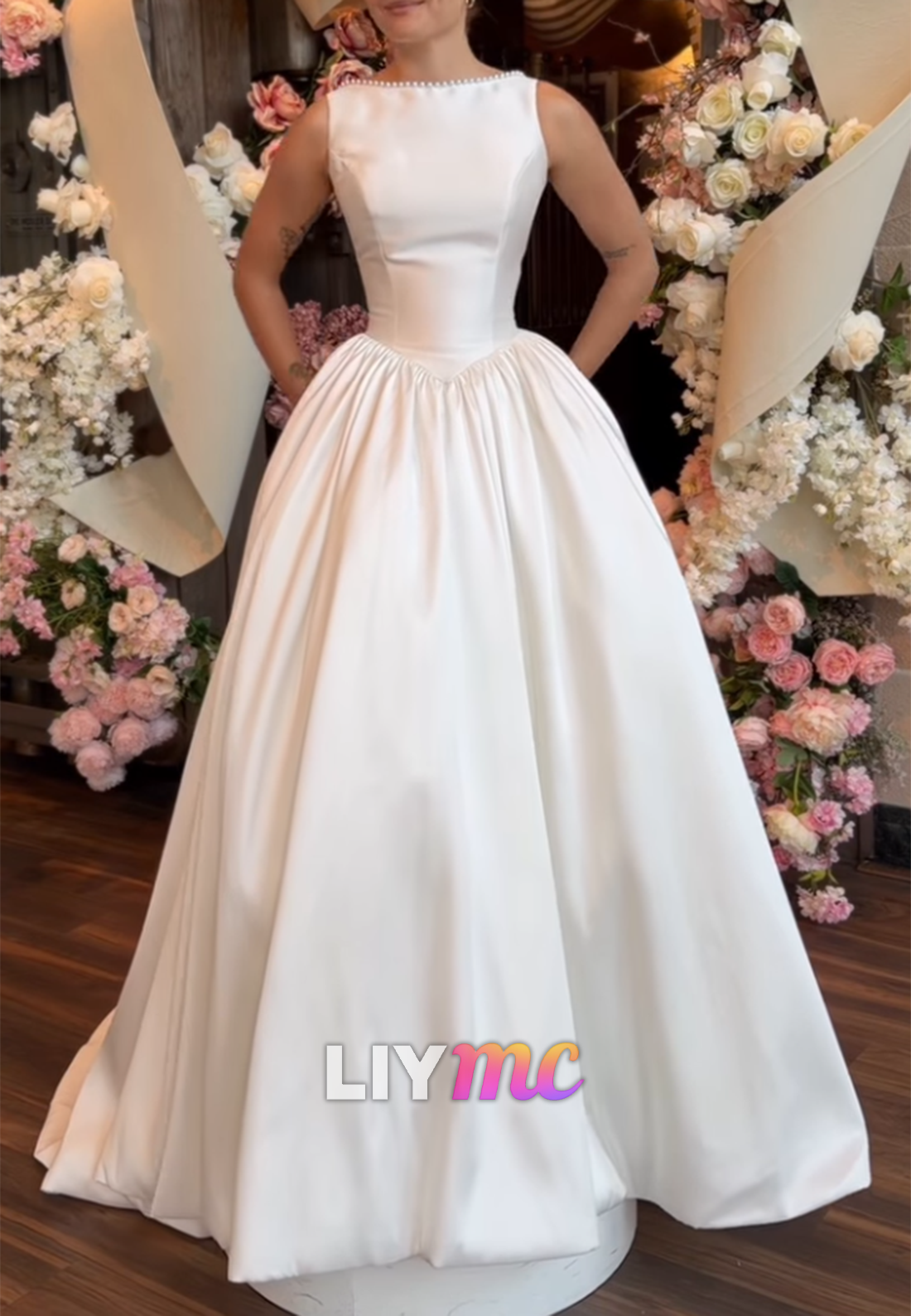 Sleeveless Satin Ball Gown with Beaded Neckline