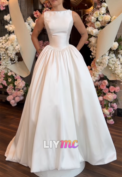 Sleeveless Satin Ball Gown with Beaded Neckline