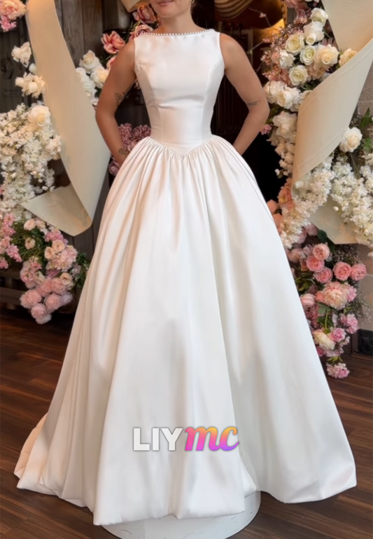 Sleeveless Satin Ball Gown with Beaded Neckline