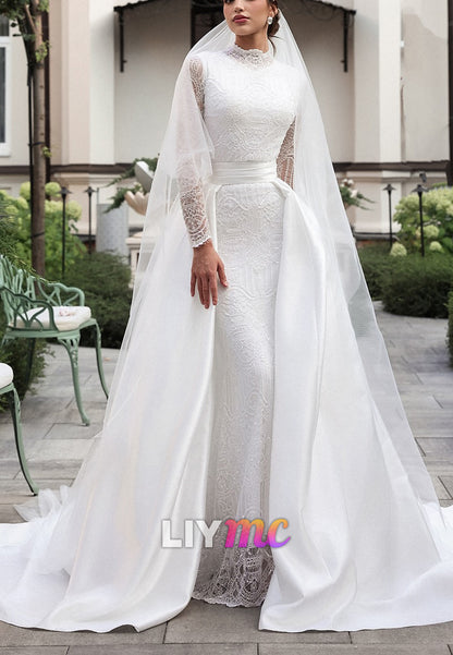High Neck Lace Wedding Dress with Detachable Overskirt