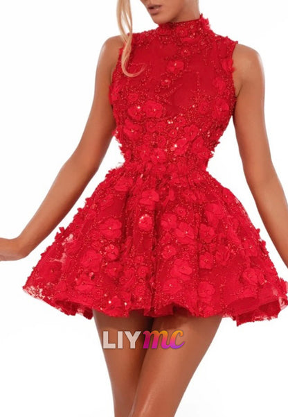 High Neck 3D Flower Tulle Homecoming Dress
