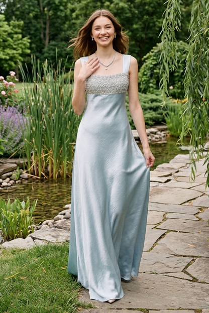 Embellished Square Neck A-Line Ankle Dress