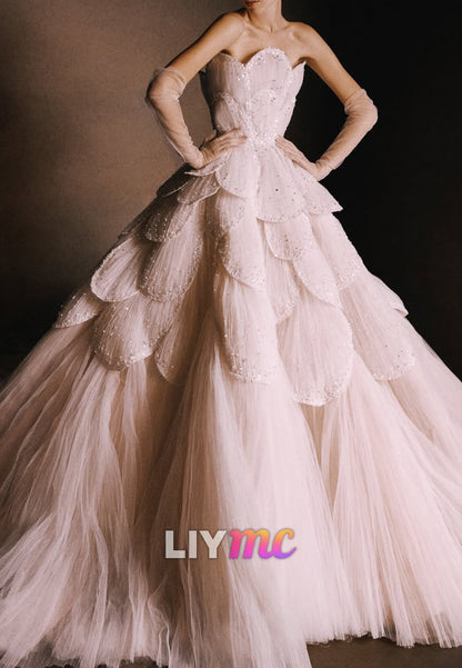 Tiered Petal Ball Gown with Beaded Scallops