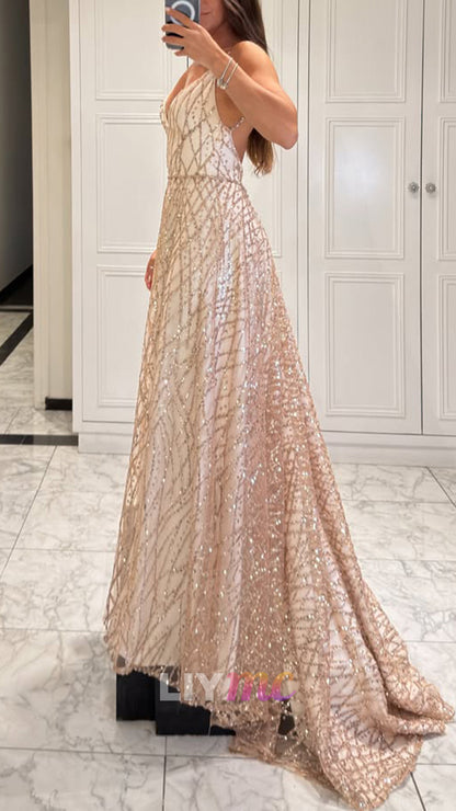 Geometric Sequin A-Line Gown with Train
