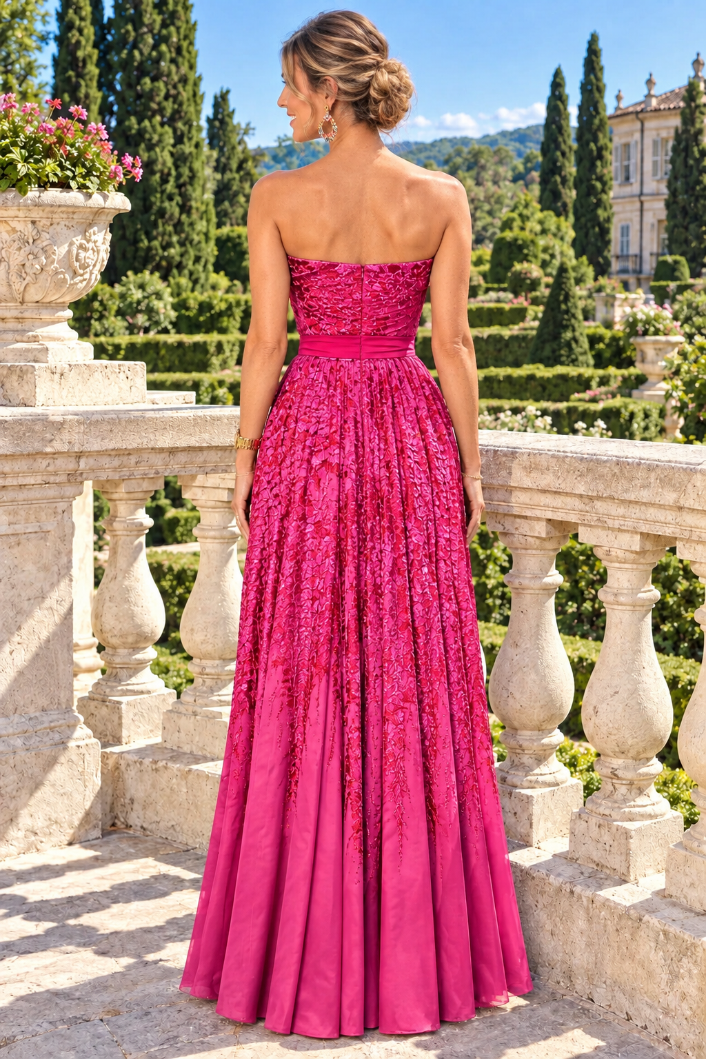 Strapless Pleated Brocade Jacquard Maxi Dress