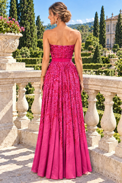 Strapless Pleated Brocade Jacquard Maxi Dress