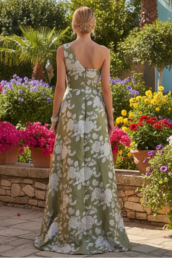 One-Shoulder Floral Jacquard Gown with Ruffle Drape