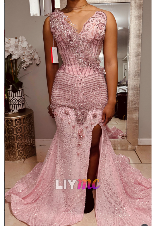 Beaded Sequin Mermaid Gown with High Slit