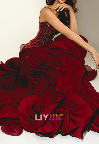 Beaded Corset Ball Gown with Cascading Ruffles