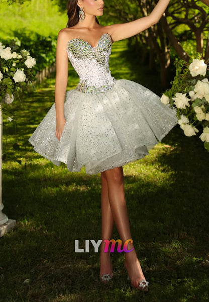 Beaded Sweetheart Bodice Mini Dress with Glitter Tulle Skirt