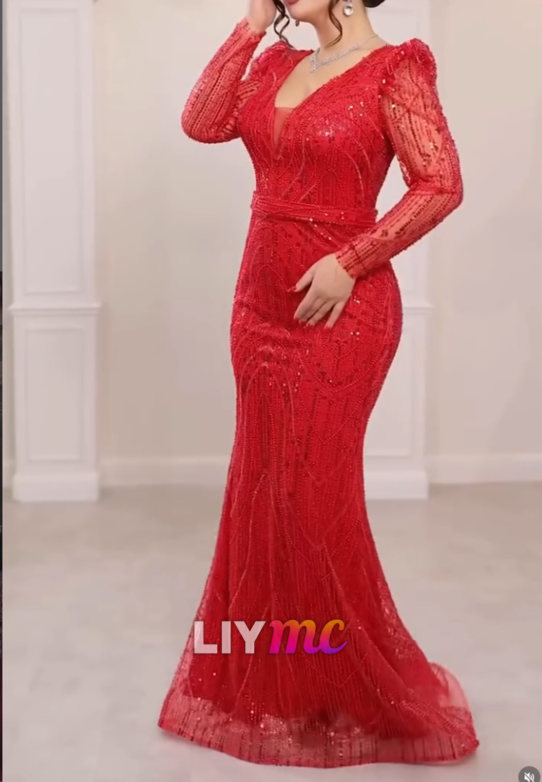 Beaded Sequin Mermaid Evening Gown Long Sleeve