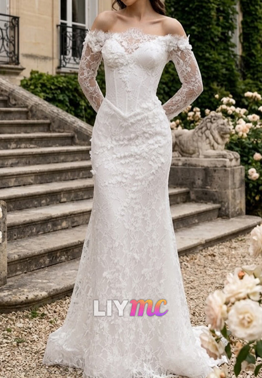 Off Shoulder Lace Mermaid Wedding Dress with Long Sleeves