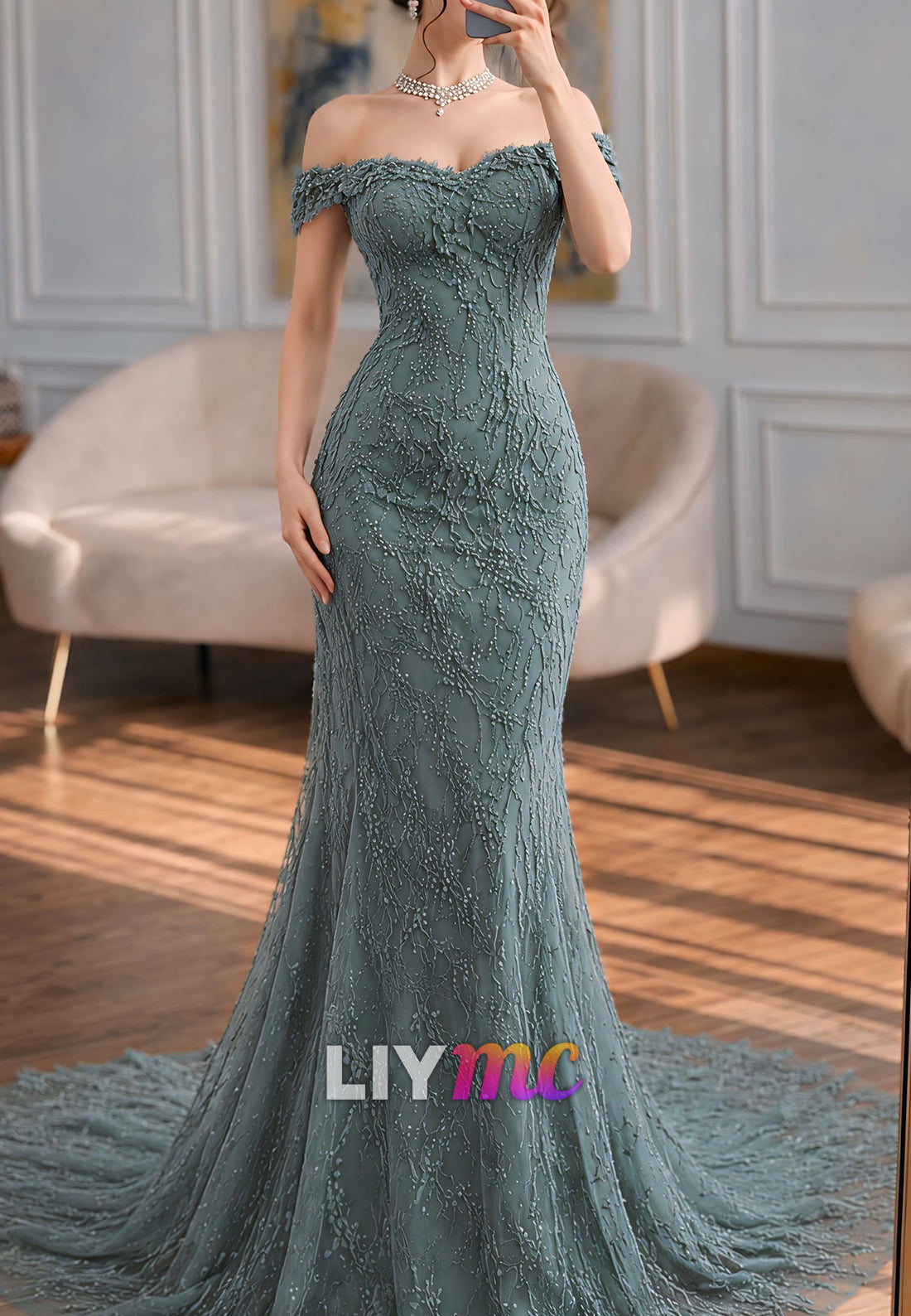 Off-the-Shoulder Mermaid Evening Gown with Beaded Lace