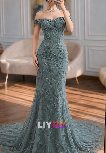 Off-the-Shoulder Mermaid Evening Gown with Beaded Lace