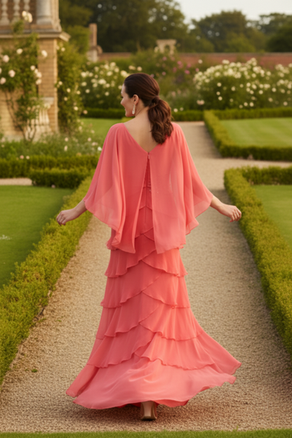 Tiered Chiffon V-Neck Evening Gown with Flutter Sleeves