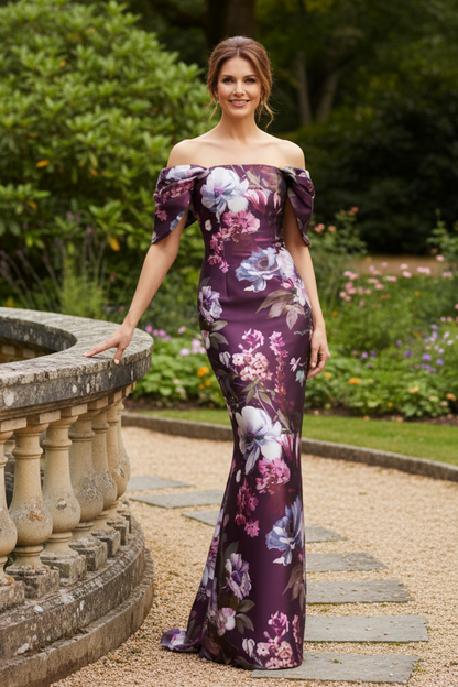 Off-the-Shoulder Floral Satin Column Gown