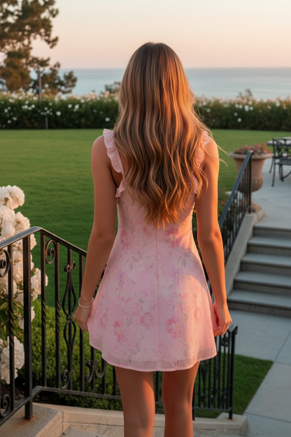 Floral Ruffle Spaghetti Strap Mini Dress with Tie Front