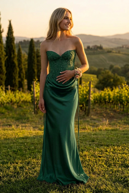 Strapless Beaded Corset Maxi Dress with Cowl