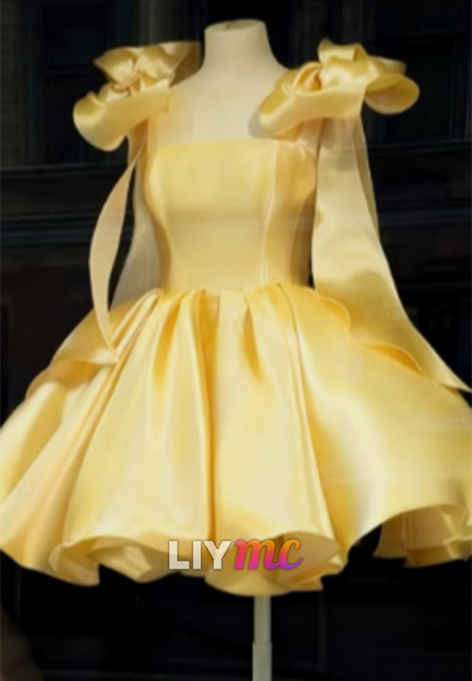 Satin Square Neck Mini Dress with Shoulder Bows