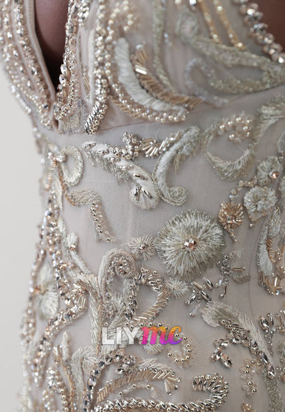 Halter Beaded Bodice Pleated Evening Gown
