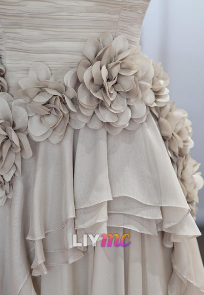 Chiffon Ruched Bodice Floral Waist Ruffled Gown