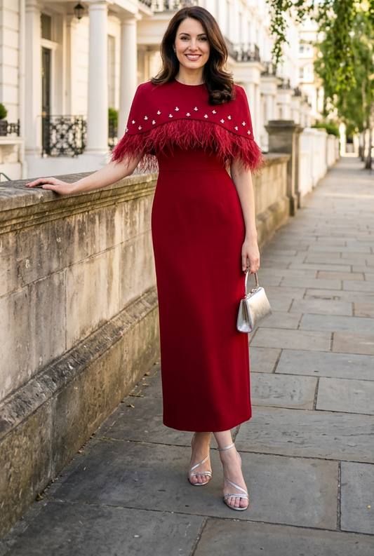 Feather-Trim Cape Column Maxi Dress