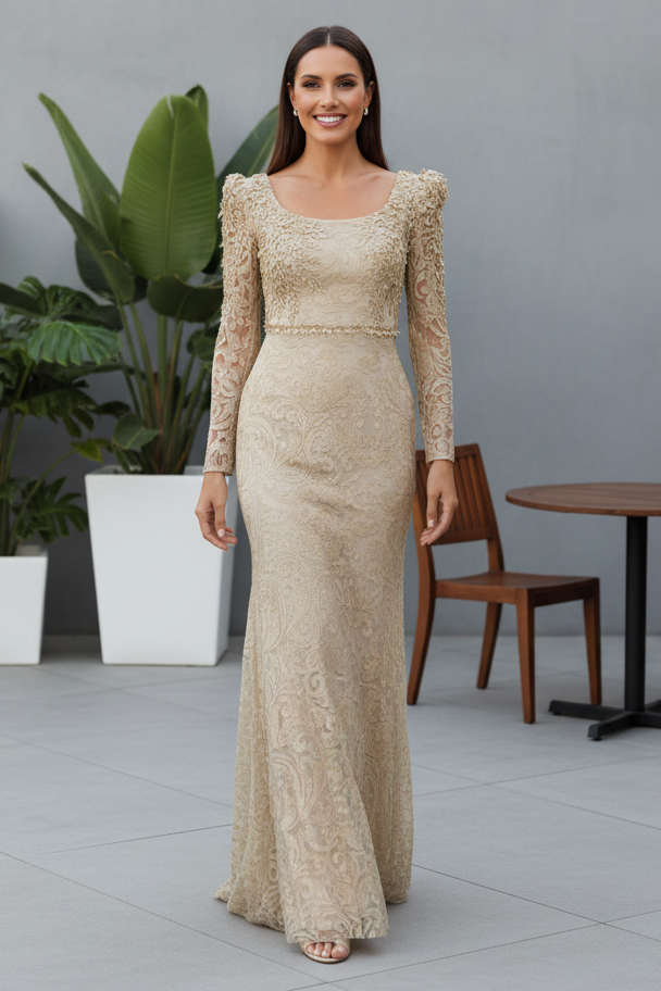 Long Sleeve Lace Gown with Leaf Appliques