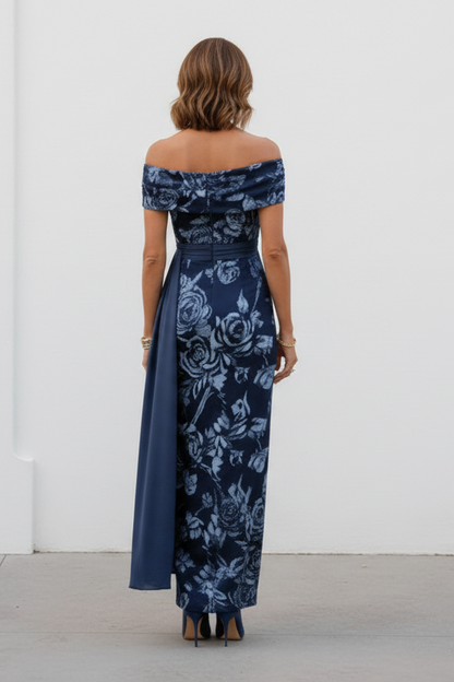Floral Asymmetrical Neckline Maxi Dress with Drape