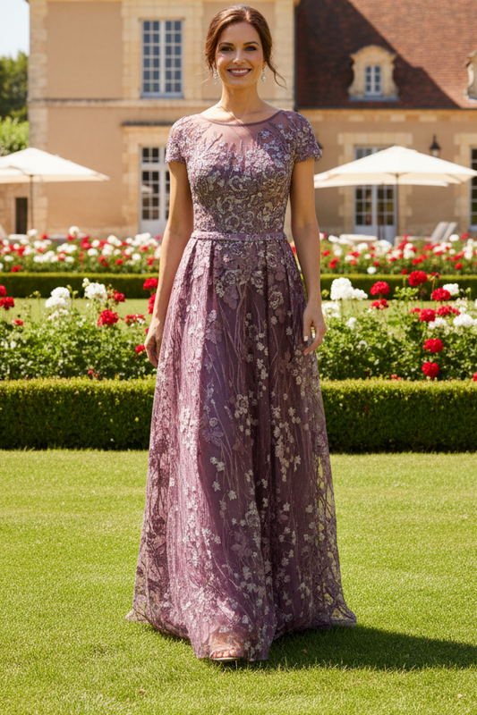 Floral Embroidered Illusion Neckline A-Line Gown