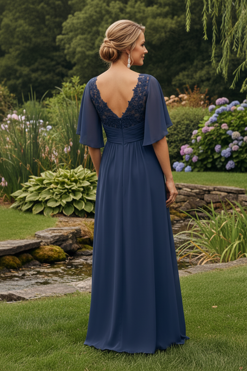 V-Neck Lace Chiffon Gown with Draped Cape