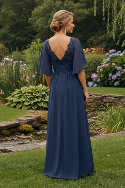 V-Neck Lace Chiffon Gown with Draped Cape