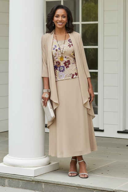 Embroidered Floral Midi Dress Set with Draped Jacket