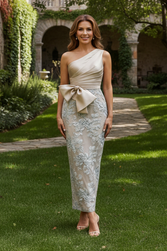 One-Shoulder Pleated Bow Midi Dress