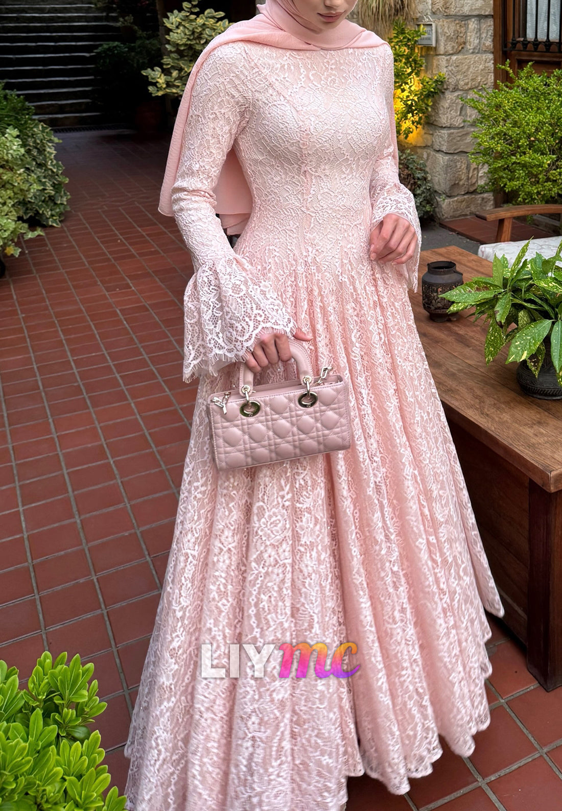 High Neck Lace A-Line Gown with Bell Sleeves
