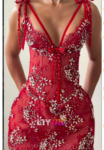 Crystal Floral Mermaid Gown with Tie Shoulder Straps