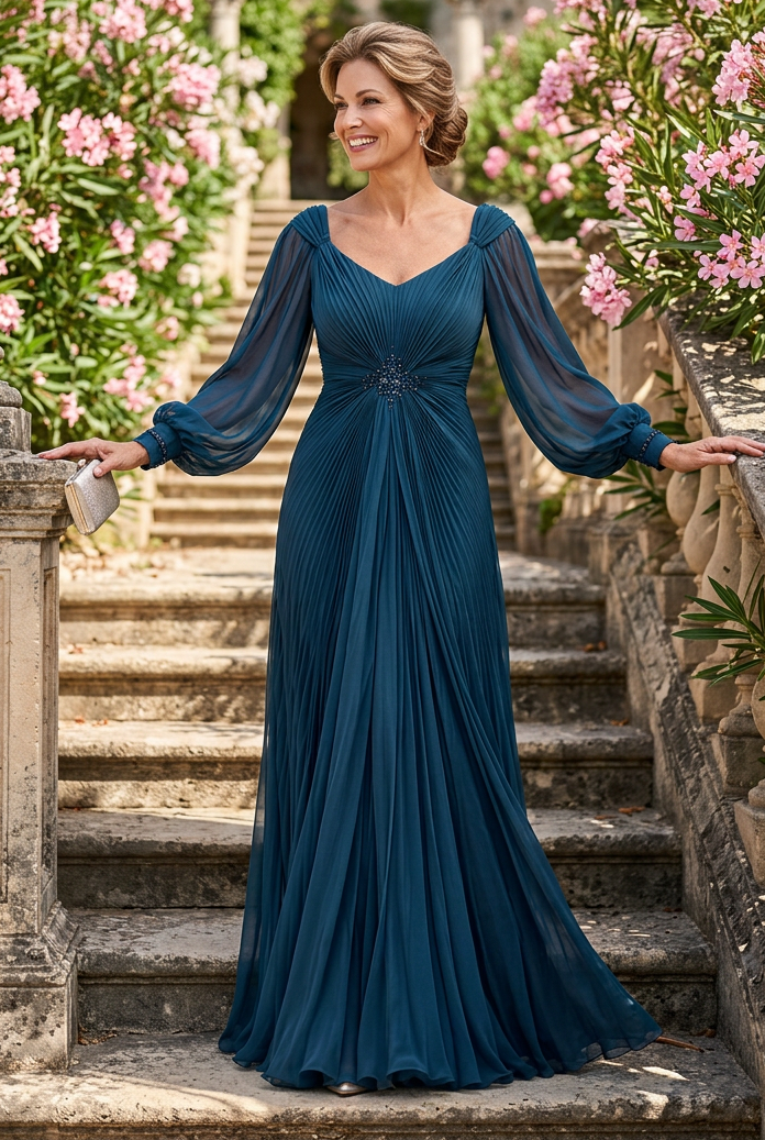 Pleated A-Line Gown with Bishop Sleeves